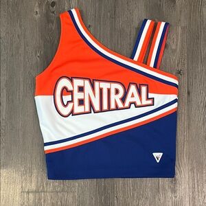 Varsity One-Shoulder Crop Top - Orange, White, Blue cheerleading